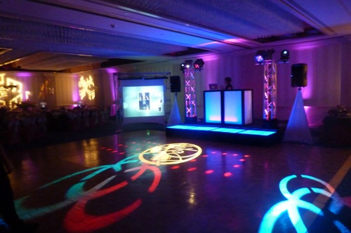 Room set up with DJ booth and party lighting